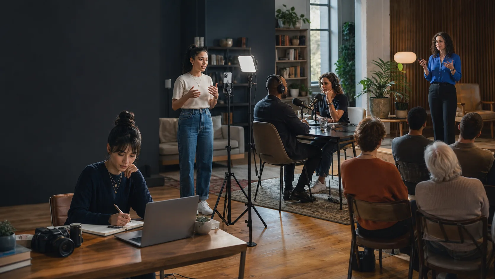 Creators at different stages writing, filming, podcasting and speaking to an audience